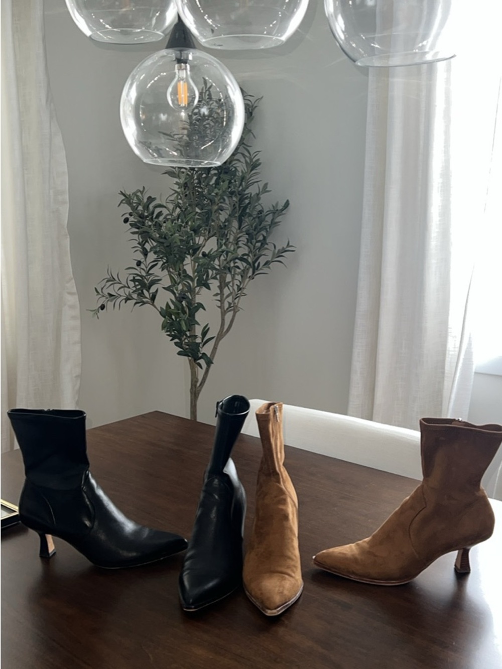 Dolce Vita Two-Tone Pointed Toe Mid-Calf Heeled Boots in Black and Brown Suede